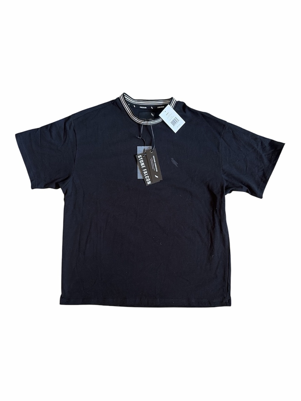Stone Falcon Black Short Sleeve Tee with Striped Ringer Collar